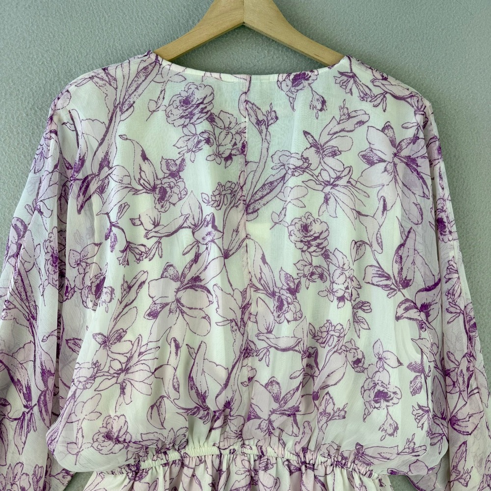 A New Day Floral Mini Dress Women XS Purple White Boho V-Neck Long Sleeve - Picture 6 of 12